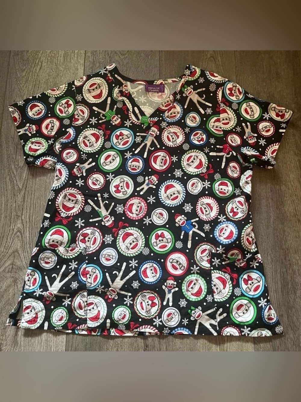 Impulse by ScrubWorks Christmas Sock Monkey Winter Holiday Scrub Top Size XL